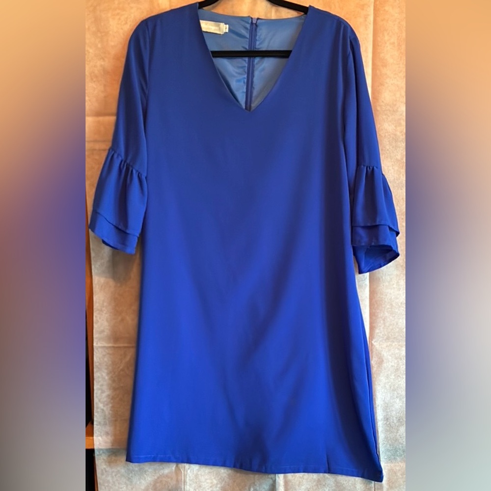 V-Neck Blue Dress with Ruffle Sleeves - L - Date, wedding, party, church, etc
